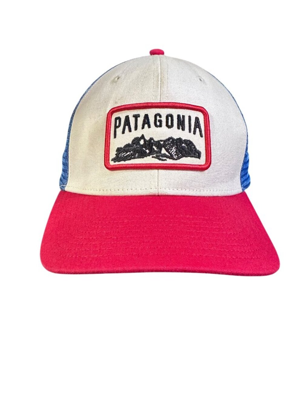 Patagonia Climb A Mountain Trucker Hat White Organic Cotton Red Brim Blue Mesh A